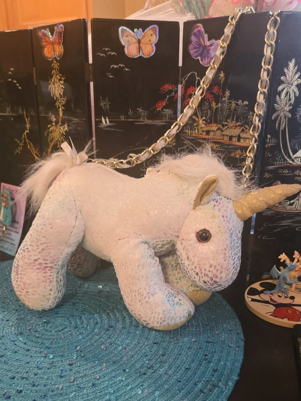 Sparkle Unicorn Plush Crossbody Bag - White with Gold Horn